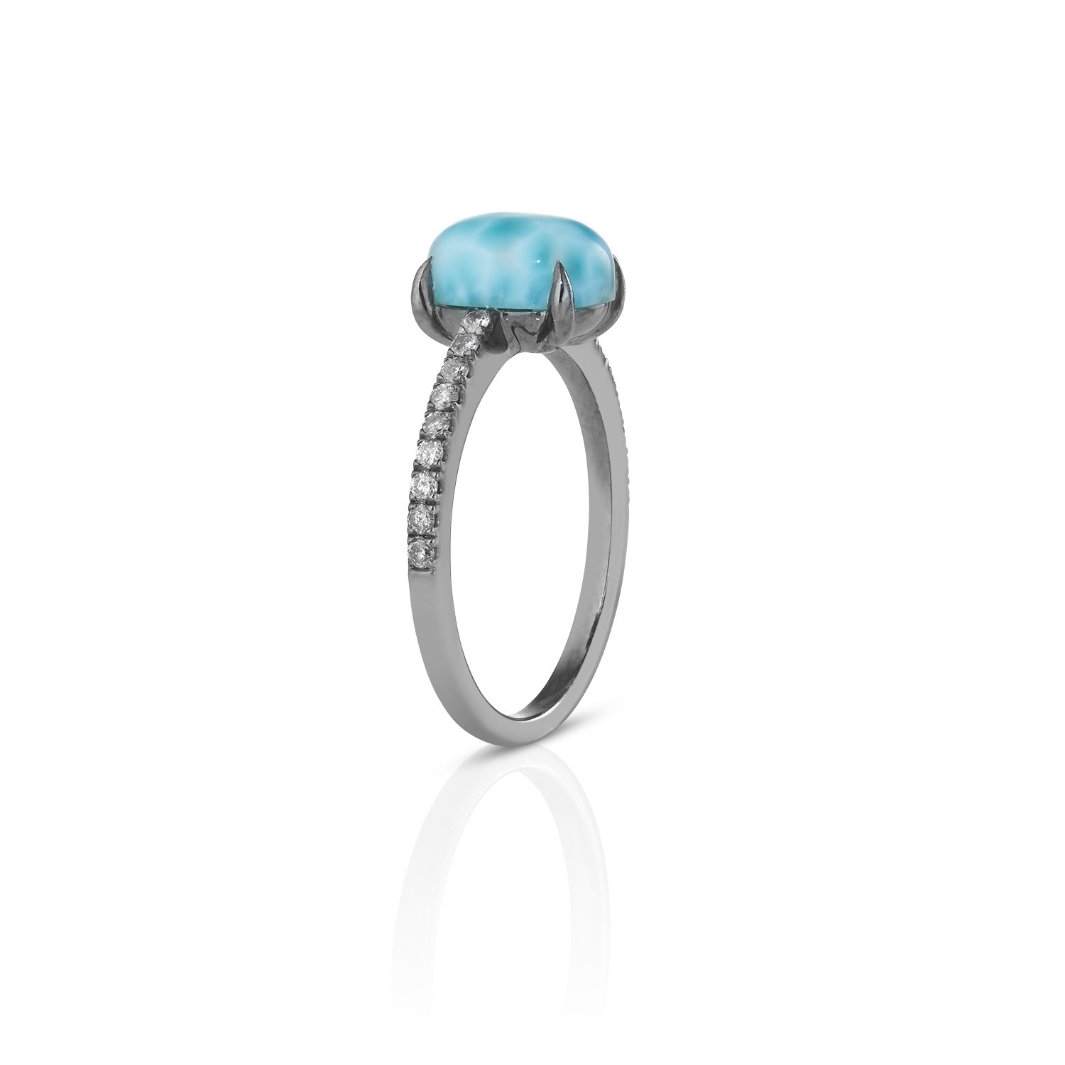 DIAMOND SEA Ring Larimar-Cabochon Diamanten Diamant-Ring Weiße-Diamanten Graue-Diamanten Larimar Filigran-Ring Meerblau Sommer-Ring Cocktail-Ring Rinons Edelstein-aus-der-Karibik